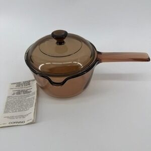 Visions Corning Amber Glass 1 Pint Saucepan V-81 with Pyrex V-1-C Lid USA Made